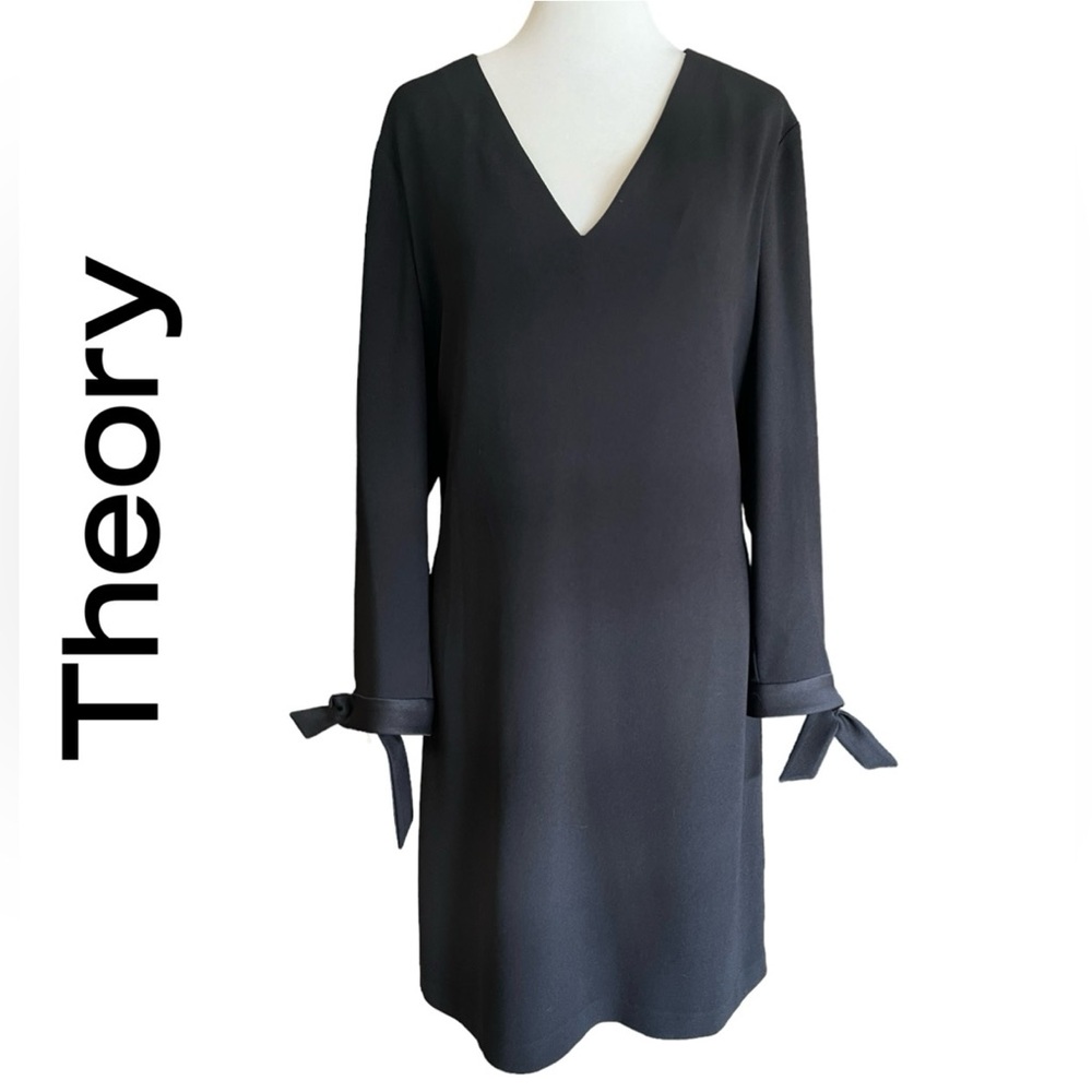 THEORY‎ Gwen Tie Sleeve V-Neck Crepe Black Shift Dress Size M Classic Designer